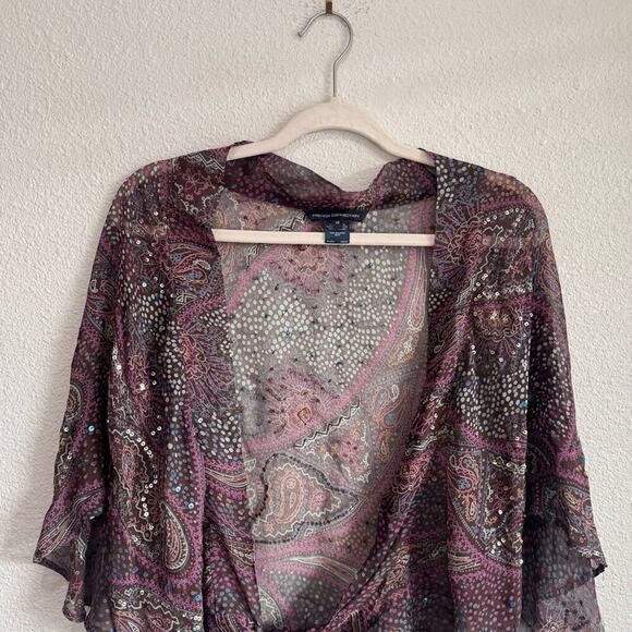 Y2K VTG Frech Connection 100% Silk Sequin Front Tie Blouse Festival Boho Sheer - Picture 4 of 11